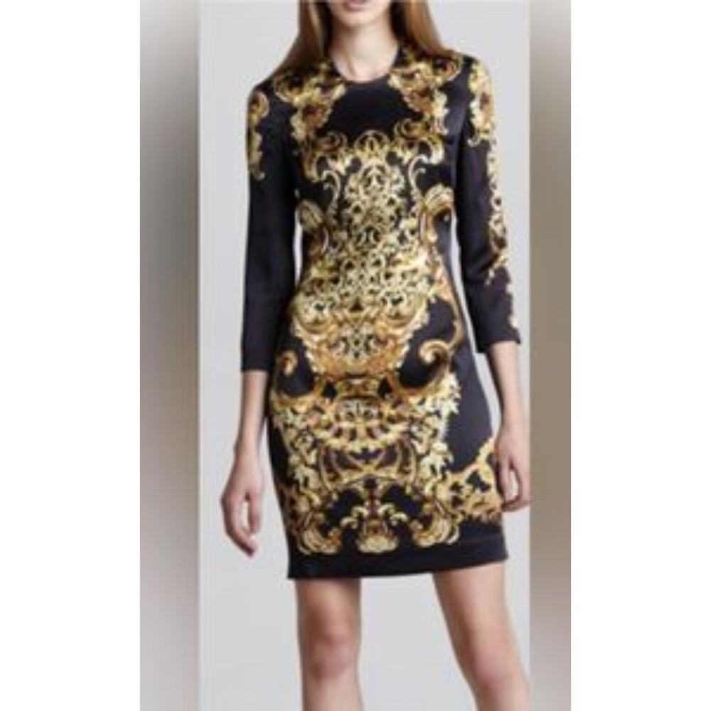 Just Cavalli Silk Baroque Black Gold Long Sleeve Elegant Cocktail Sheath Dress - Picture 2 of 13